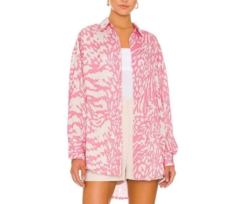 Resa Monina blouse women's M/L animal print satin button front tunic pink beige